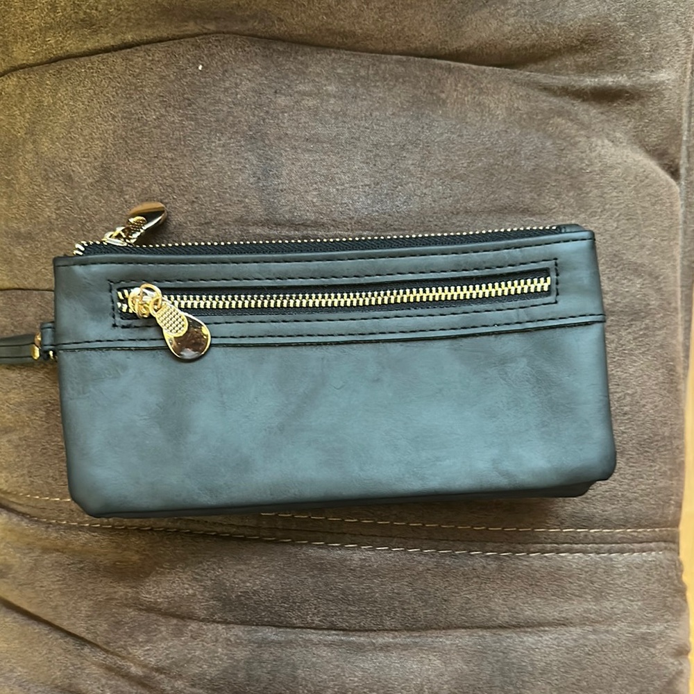 Black Leather Wristlet with Gold Zipper